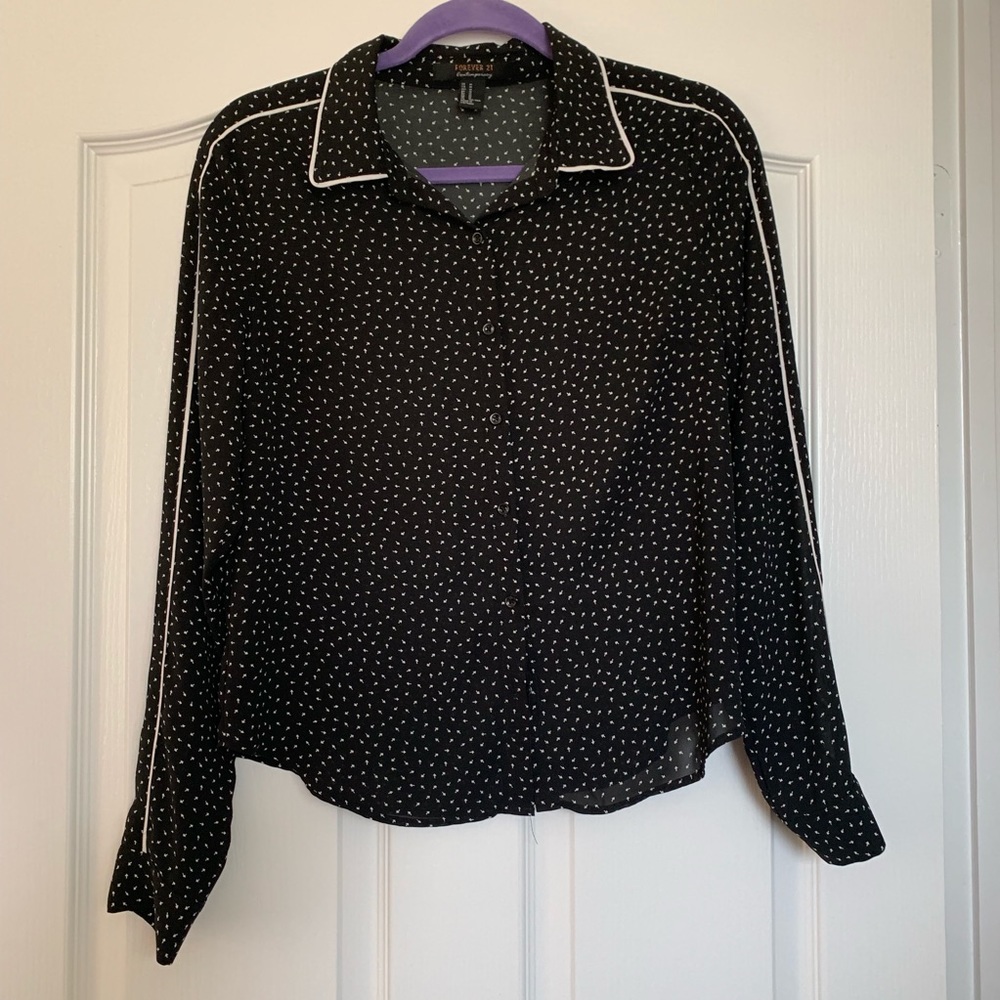 Black Sheer Button Down with White Piping